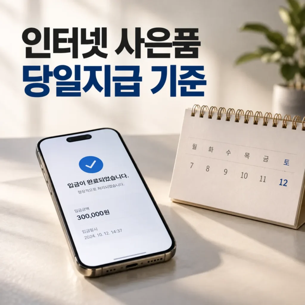 인터넷 가입 사은품 당일지급 기준을 안내하는 스마트폰 입금 완료 화면과 평일·토요일 입금일 차이를 확인하는 탁상 달력