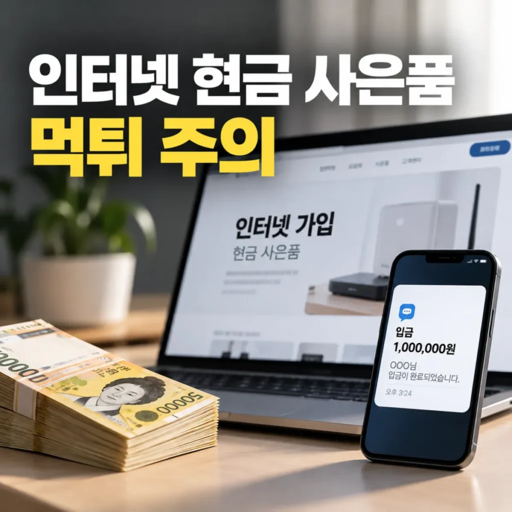인터넷 현금 사은품 먹튀 예방을 위한 가입업체 확인 방법, 노트북의 인터넷 가입 홈페이지와 현금 사은품, 스마트폰 입금 알림 화면