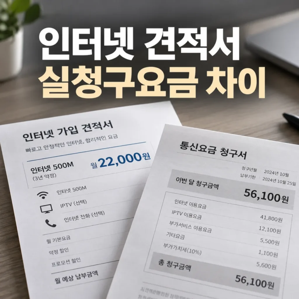 인터넷 가입 비교사이트 견적서의 월 22,000원 광고 요금과 실제 통신요금 청구서의 56,100원을 비교해 월 납부금액 차이를 보여주는 이미지