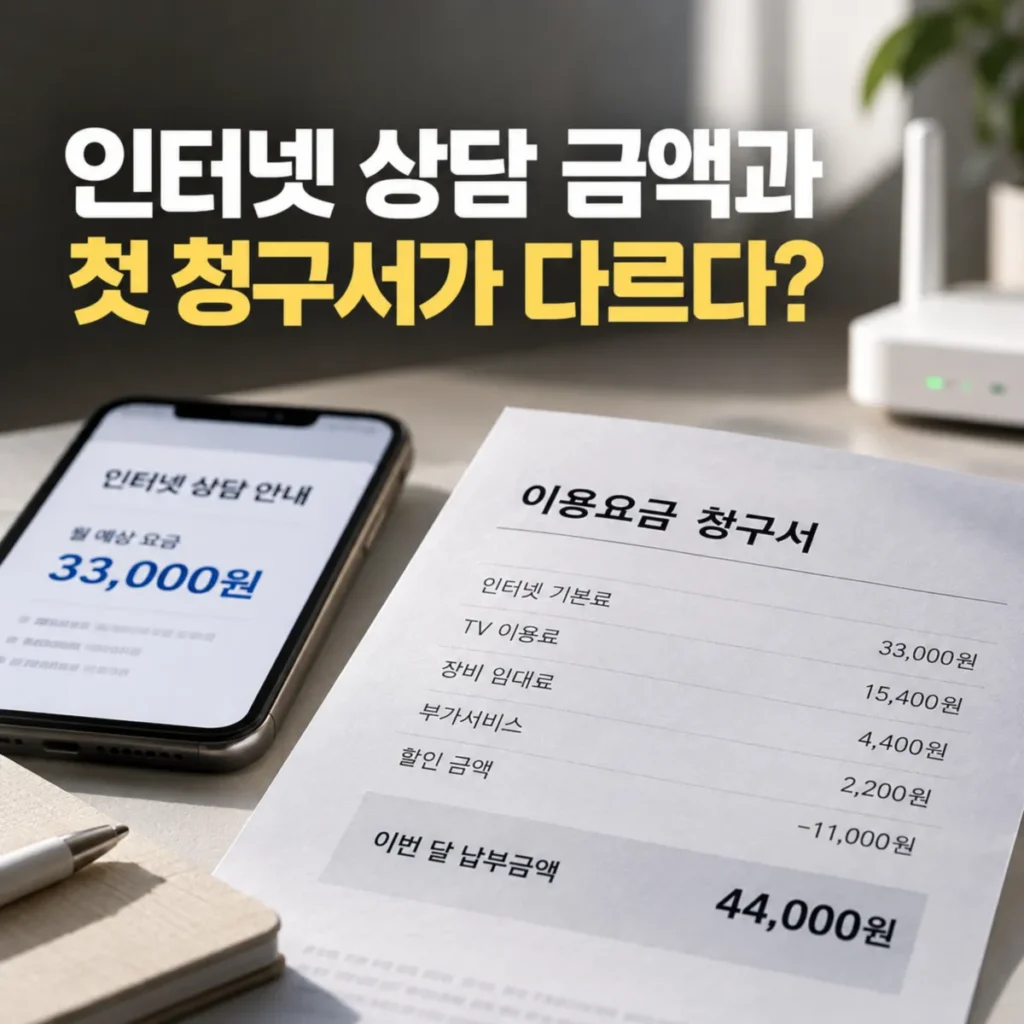 인터넷 상담 금액 3만3천원과 첫 청구서 4만4천원의 차이를 비교하며 이용요금 청구 내역을 확인하는 모습