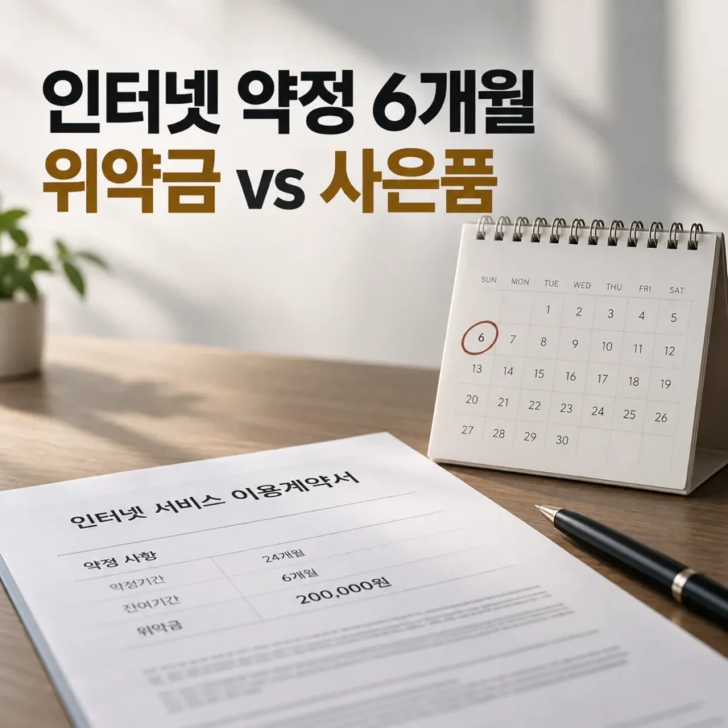 인터넷 약정 6개월 남았을 때 위약금 20만원과 신규가입 사은품을 비교하는 인터넷 서비스 계약서와 달력