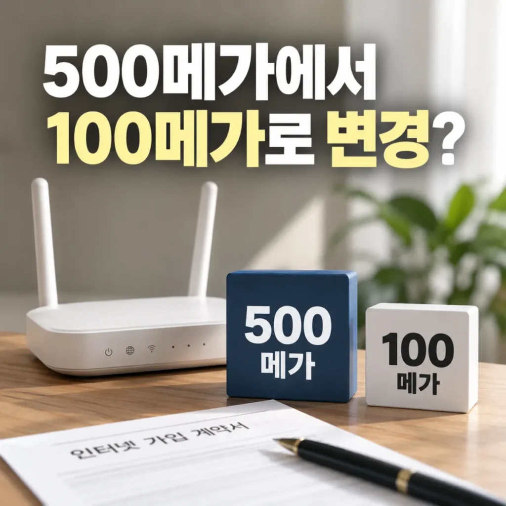 인터넷 신규가입 후 500메가에서 100메가로 속도 변경 시 사은품 반환 조건을 설명하는 이미지로, 와이파이 공유기와 인터넷 가입 계약서, 500메가·100메가 비교 블록이 놓인 모습