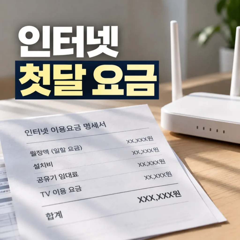 인터넷 첫 달 요금 청구내역을 보여주는 이용요금 명세서와 와이파이 공유기, 일할계산 요금·설치비·공유기 임대료·TV 이용료 항목이 표시된 모습