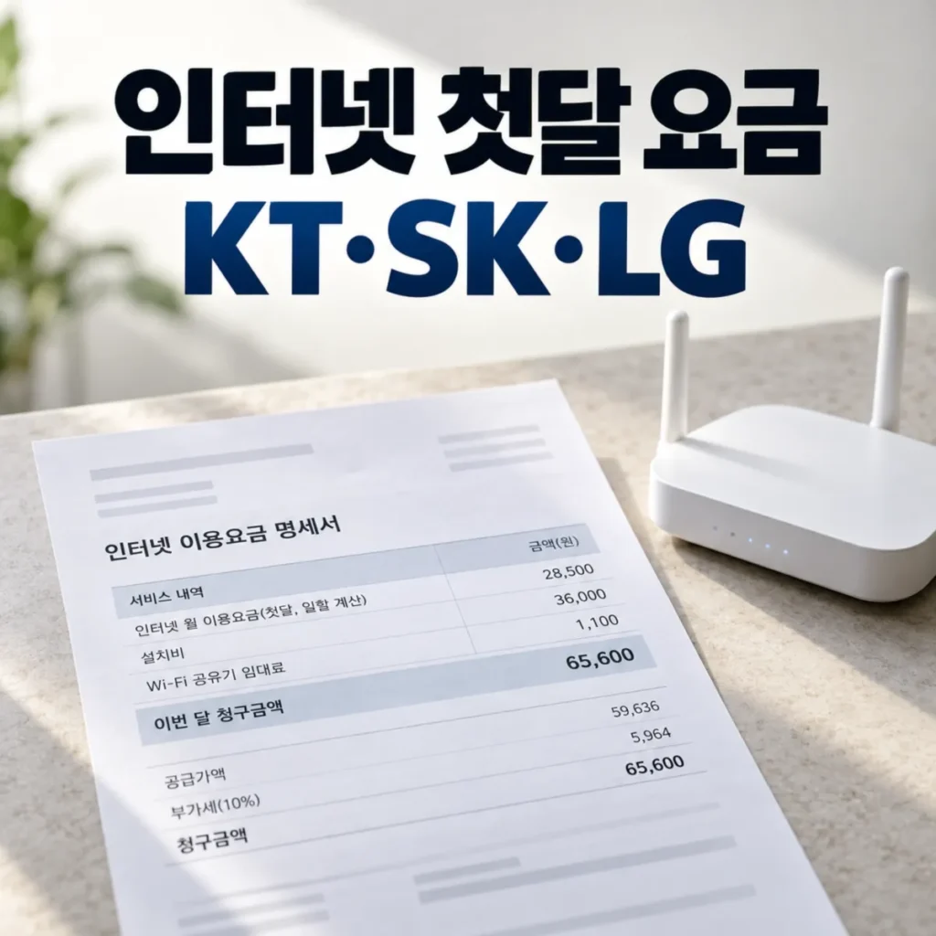 KT·SK·LG 인터넷 신규가입 첫 달 요금과 설치비, 와이파이 공유기 임대료 및 일할계산 내역을 비교할 수 있는 인터넷 이용요금 명세서와 공유기가 놓인 모습