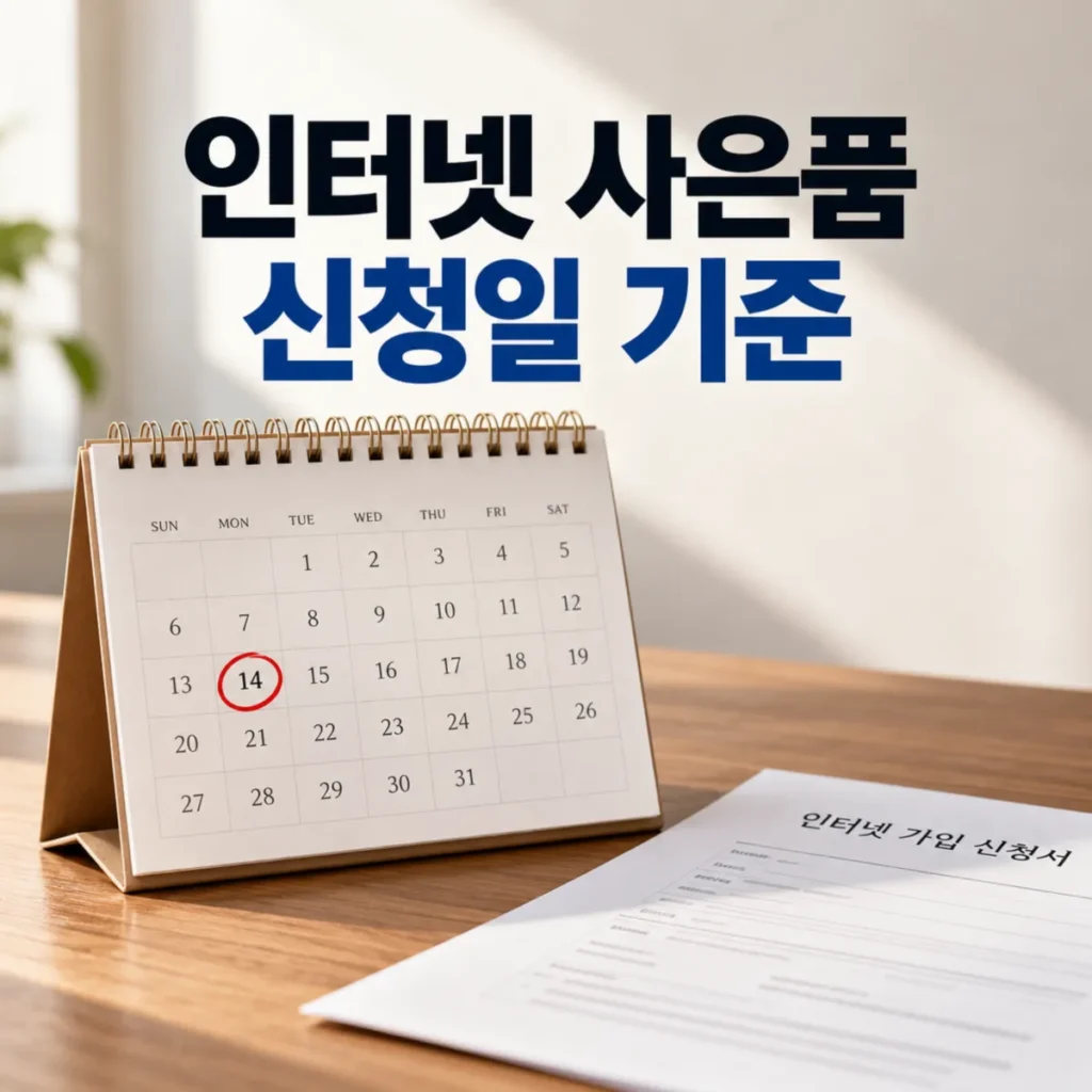 인터넷 가입 사은품 신청일 기준을 안내하는 이미지로, 날짜가 표시된 탁상 달력과 인터넷 가입 신청서가 놓여 있으며 신청일과 설치일 사이 현금지원 금액 확정 기준을 표현한 모습