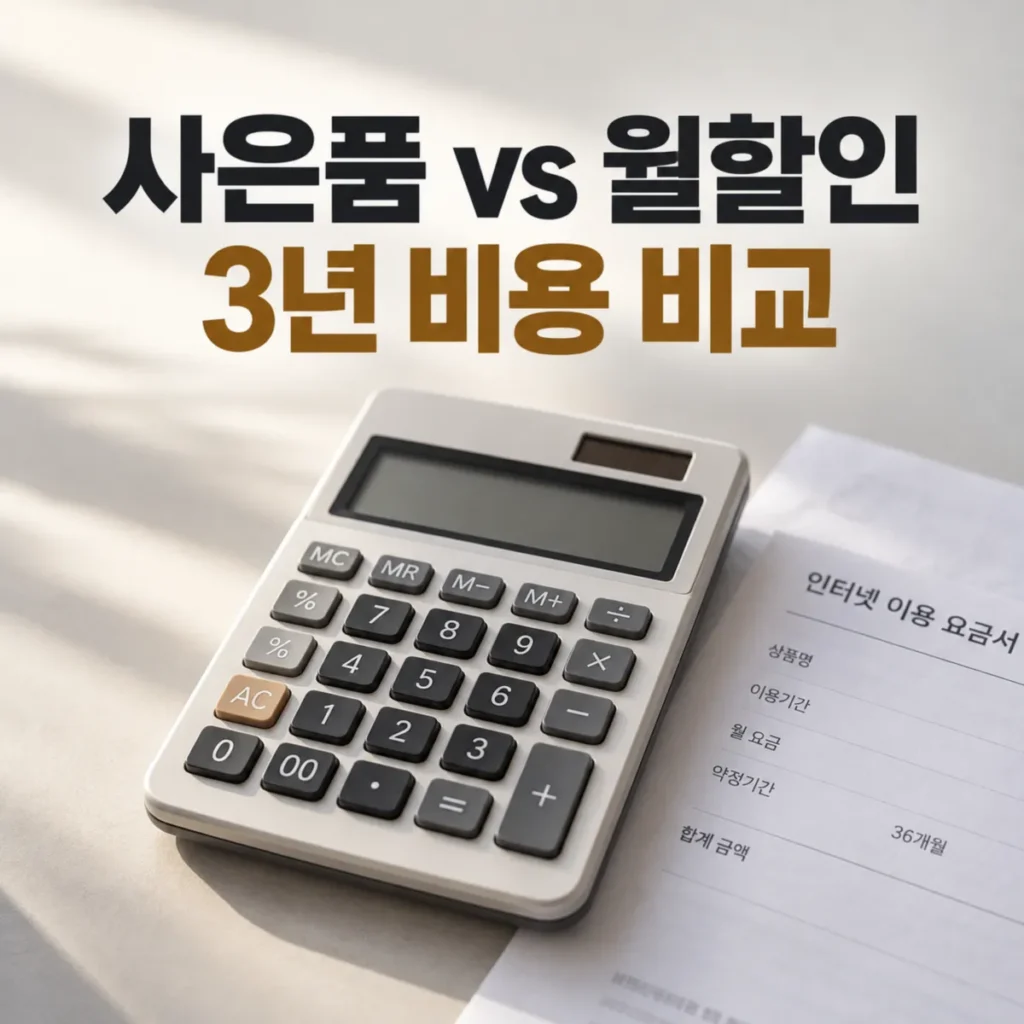 인터넷 사은품 10만원 추가 지급과 월 5천원 할인 중 3년 약정 총비용을 비교하는 계산기와 인터넷 요금 명세서