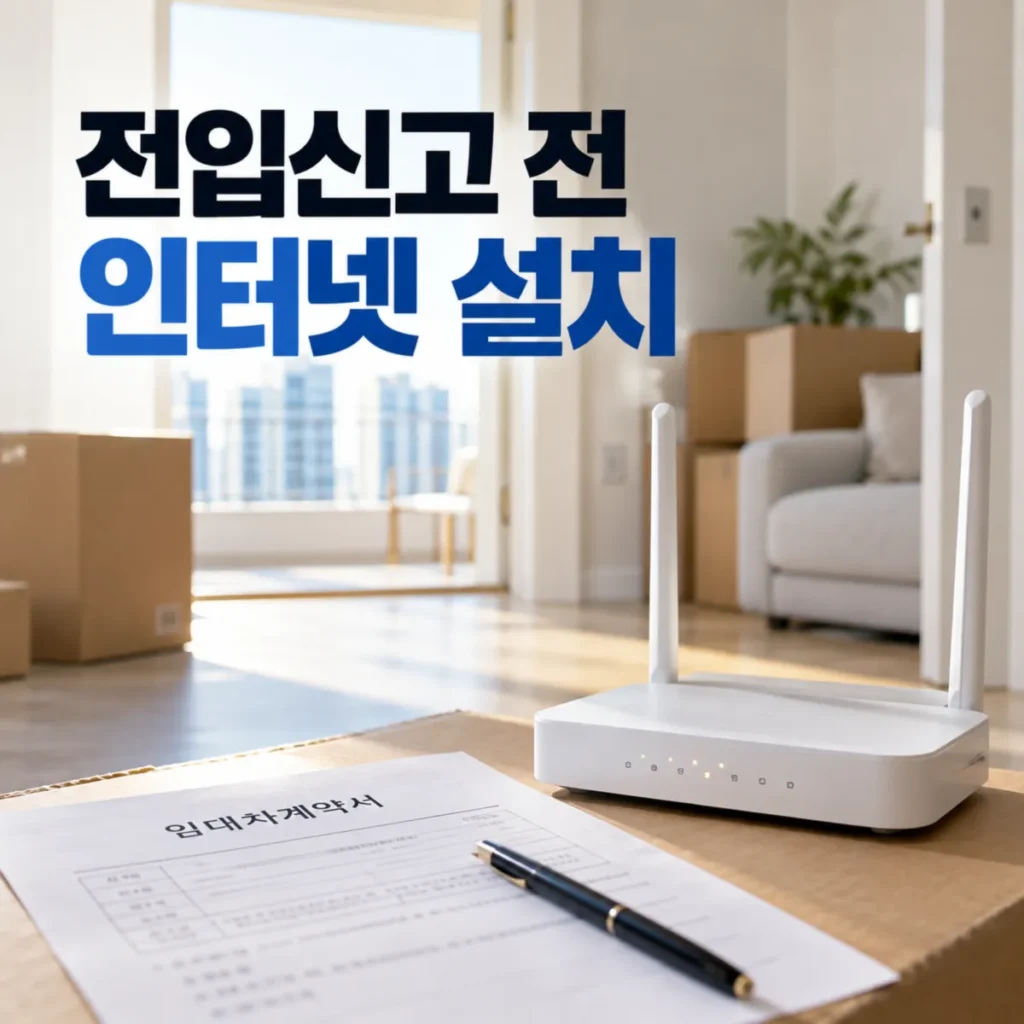 전입신고 전 인터넷 설치를 준비하는 새집 거실에 놓인 와이파이 공유기와 임대차계약서, 이사 전 인터넷 개통 및 명의 확인 안내
