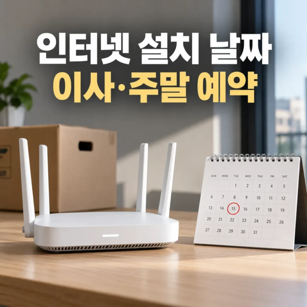 인터넷 설치 날짜와 이사 당일·주말 예약을 안내하는 이미지로, 이삿짐 상자가 놓인 실내 원목 테이블 위에 와이파이 공유기와 예약 날짜가 표시된 달력이 배치된 모습