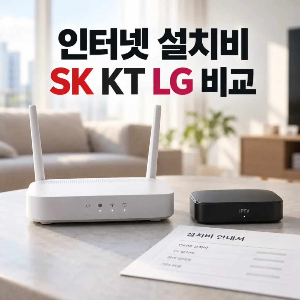 인터넷 설치비 SK KT LG 비교를 위한 가정용 와이파이 공유기와 IPTV 셋톱박스, 설치비 안내서가 놓인 거실 풍경