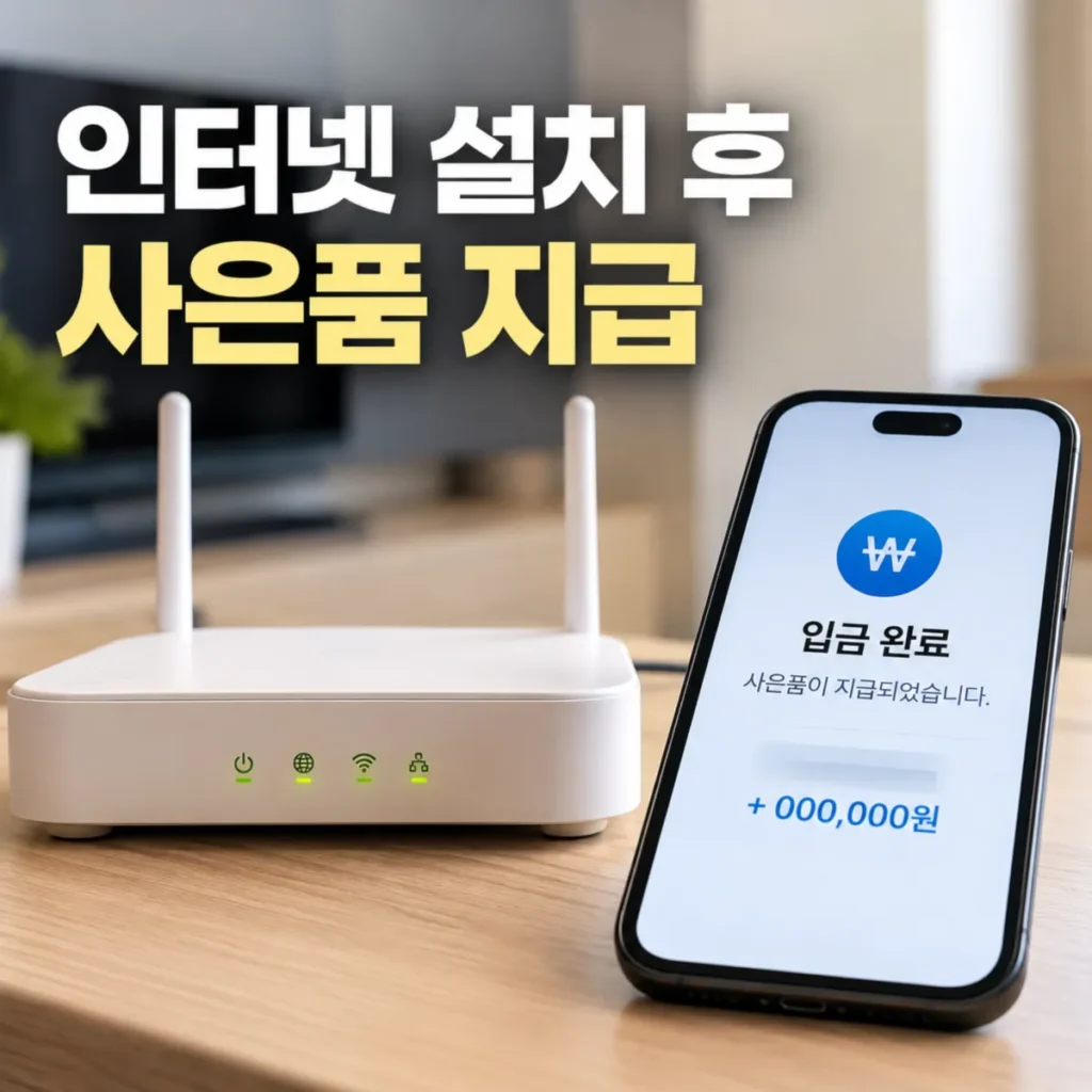 인터넷 설치 후 현금 사은품 당일 지급을 안내하는 이미지로, 와이파이 공유기 옆 스마트폰 화면에 사은품 입금 완료 알림이 표시된 모습