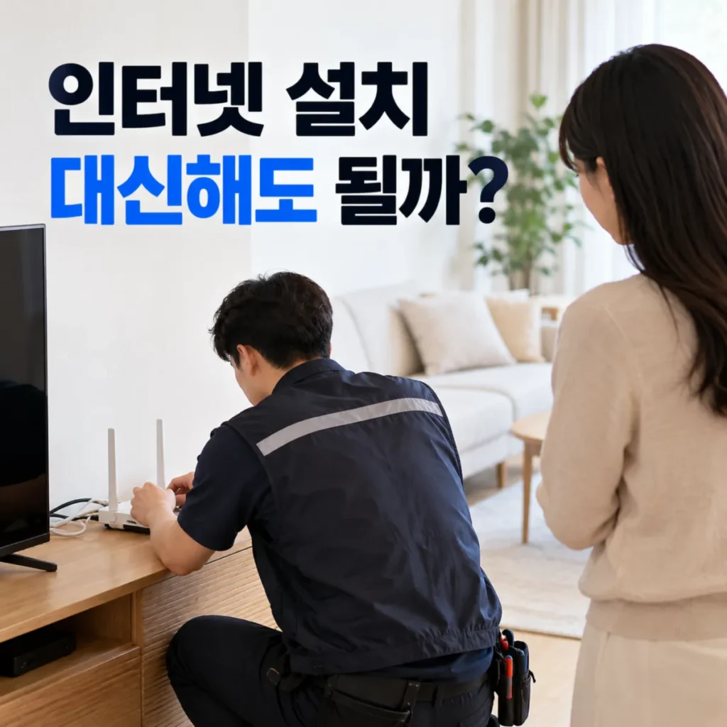 인터넷 설치 당일 가입자 대신 가족이 입회한 가운데, 설치기사가 가정집 거실에서 와이파이 공유기를 연결하고 인터넷 개통 작업을 진행하는 모습
