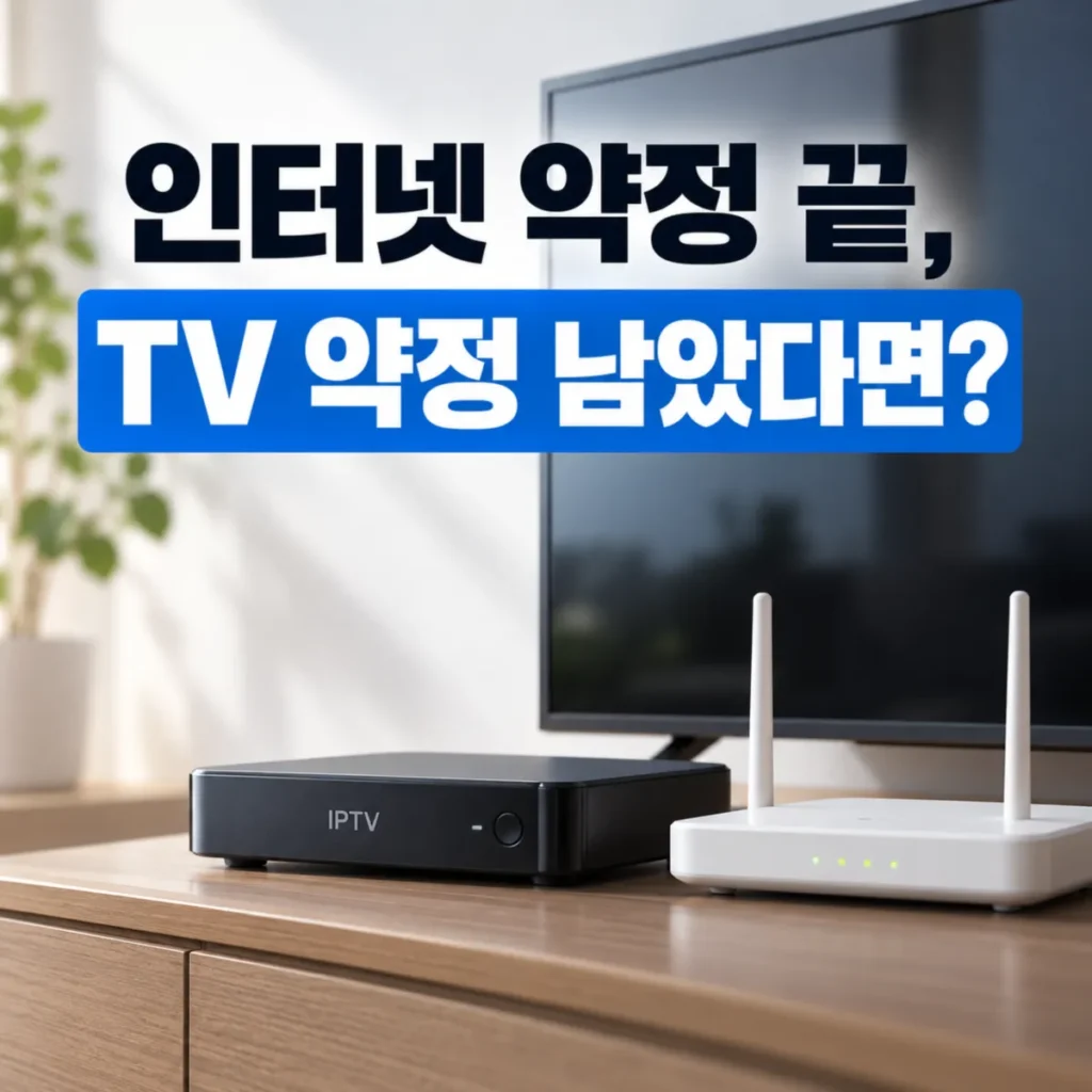인터넷 약정 만료 후 IPTV 약정이 남았을 때 통신사 변경 비용과 위약금 비교를 안내하는 이미지로, TV와 IPTV 셋톱박스, 와이파이 공유기가 배치되어 있고 인터넷 약정 끝, TV 약정 남았다면?이라는 문구가 표시된 모습