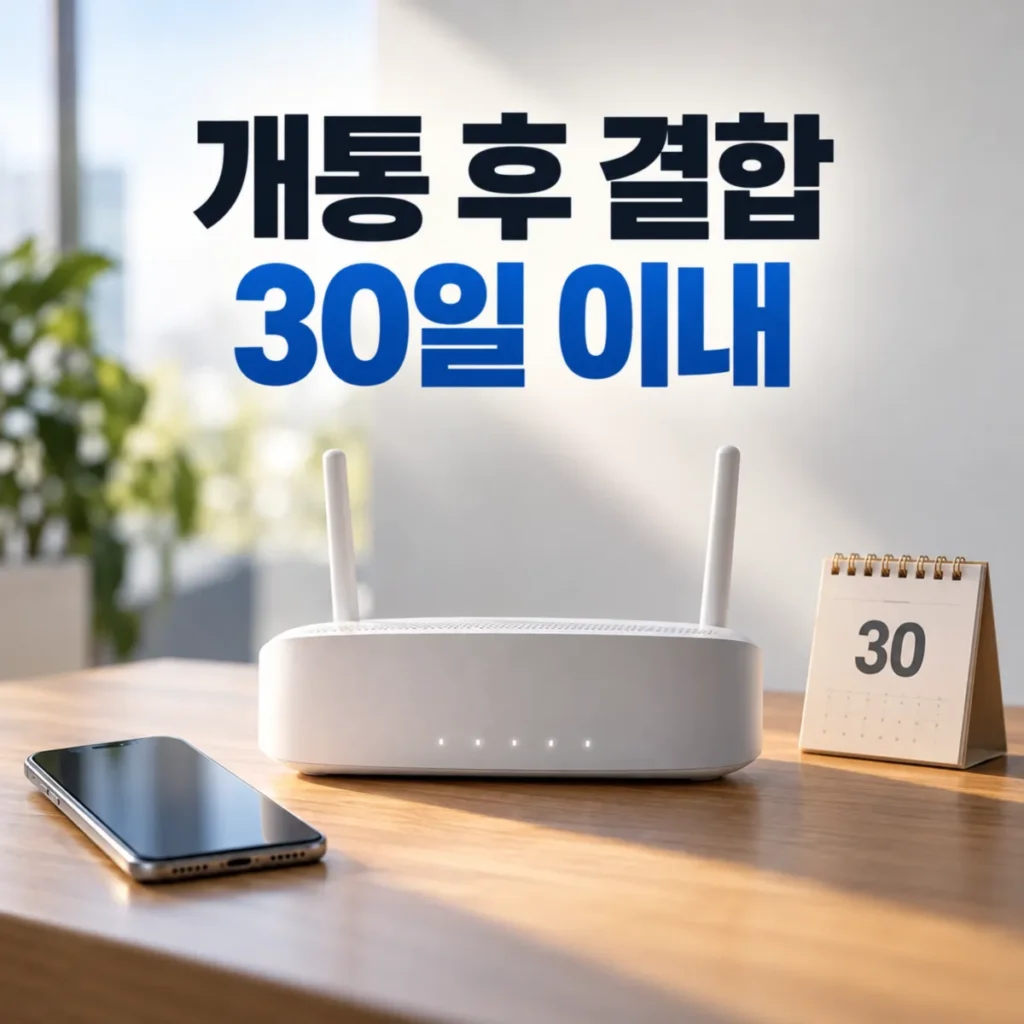 인터넷 개통 후 휴대폰 결합 신청 시기를 안내하는 이미지로, 와이파이 공유기와 스마트폰, 숫자 30이 표시된 달력 위에 개통 후 결합 30일 이내라는 문구가 배치된 모습