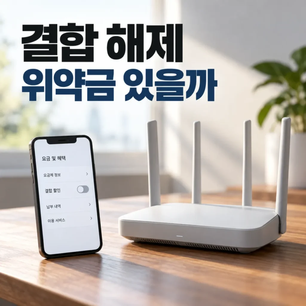인터넷 공유기와 스마트폰의 결합할인 해제 화면을 통해 인터넷 휴대폰 결합 해제 시 위약금 발생 여부와 할인 종료를 안내하는 이미지