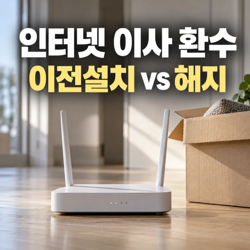 인터넷 개통 후 3개월 이내 이사할 때 사은품 환수 기준과 이전설치 및 해지 차이를 안내하는 이미지로, 이삿짐 상자 옆에 흰색 와이파이 공유기가 놓여 있는 모습