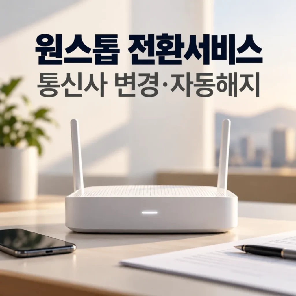 원스톱 전환서비스를 통한 인터넷 통신사 변경 및 기존 회선 자동 해지를 안내하는 이미지로, 책상 위 흰색 와이파이 공유기와 스마트폰, 신청 서류가 놓인 모습
