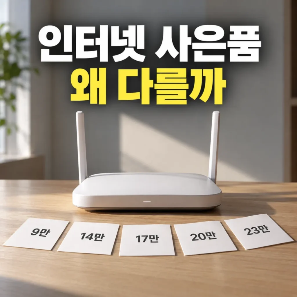 인터넷 단독 가입 사은품이 다른 이유를 표현한 이미지로, 흰색 와이파이 공유기 앞에 현금지원 금액 9만·14만·17만·20만·23만원이 적힌 카드 5장이 놓여 있는 모습