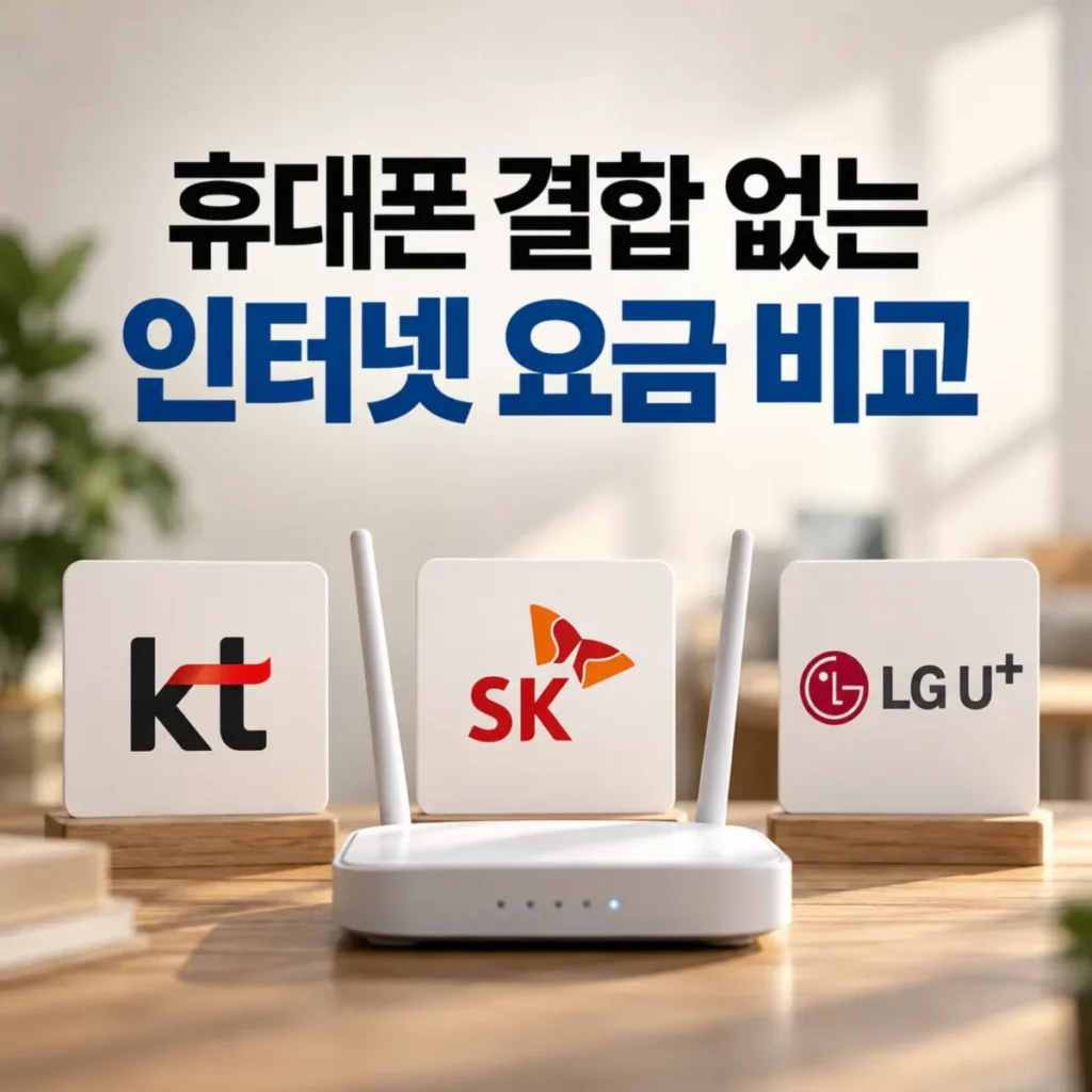 휴대폰 결합 없이 인터넷만 가입할 때 KT·SK·LG 인터넷 단독 요금을 비교하는 이미지로, 와이파이 공유기와 통신 3사 로고가 배치된 모습