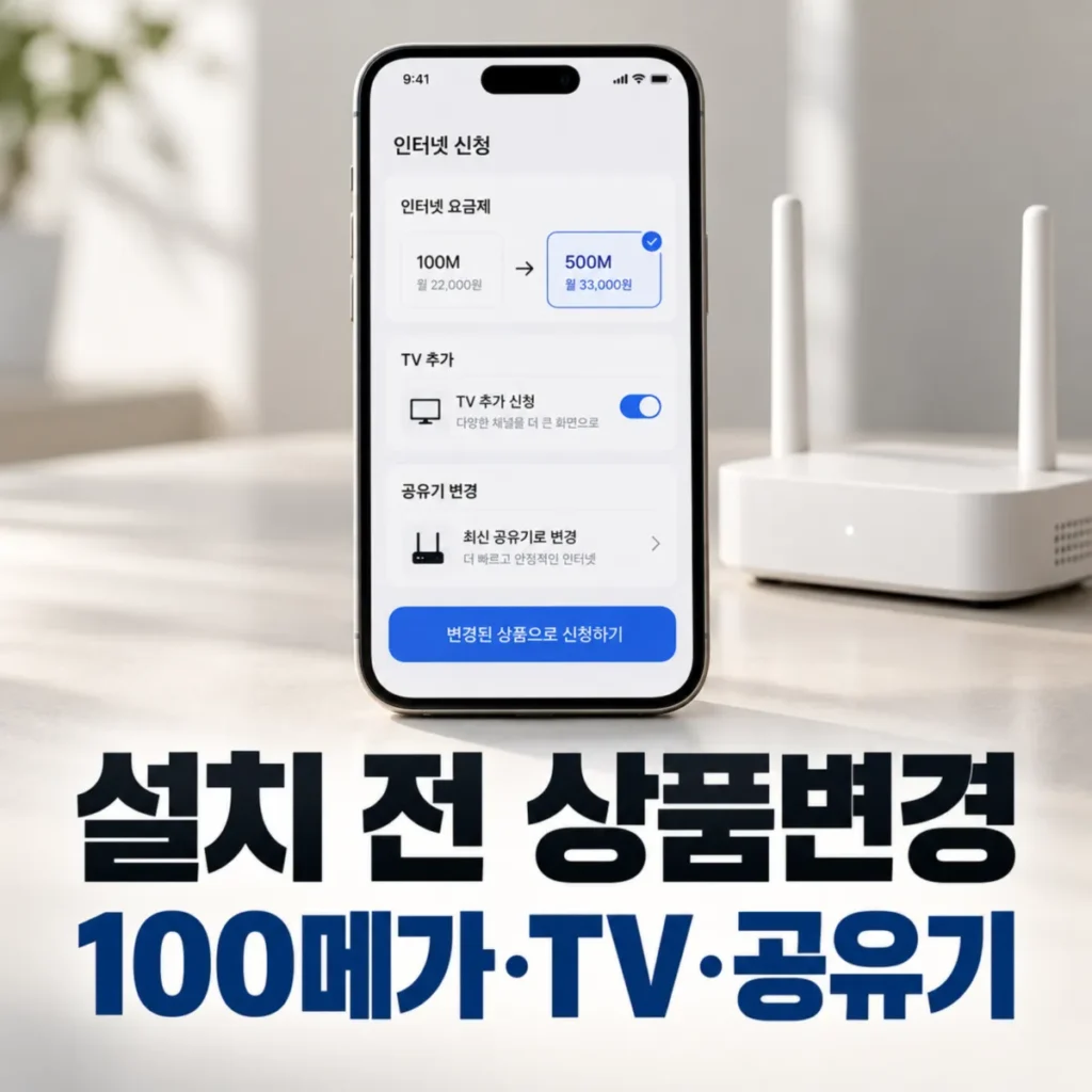 인터넷 설치 전 상품 변경을 안내하는 스마트폰 화면에 100메가에서 500메가로 속도 변경, IPTV 추가, 와이파이 공유기 변경 항목이 표시되고 오른쪽에 무선 공유기가 놓인 모습