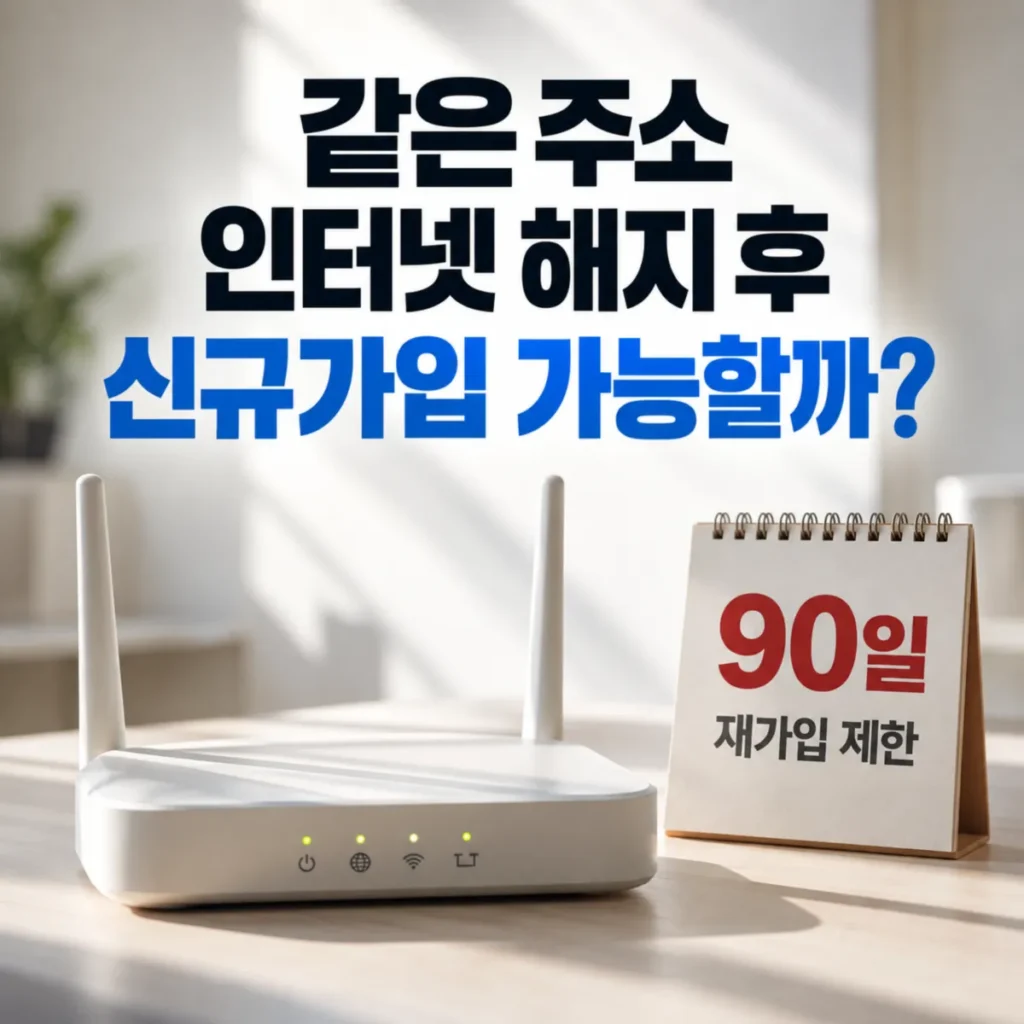 같은 주소 인터넷 해지 후 신규가입 가능 여부와 90일 재가입 제한을 안내하는 인터넷 공유기와 달력 이미지