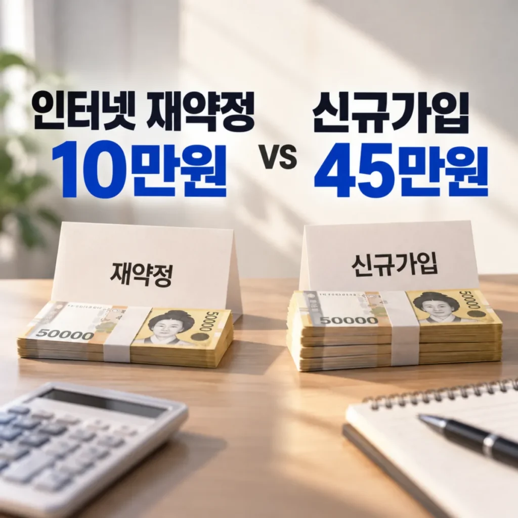 인터넷 재약정 10만원과 타사 신규가입 45만원의 사은품 차이를 현금 다발과 계산기로 비교한 이미지