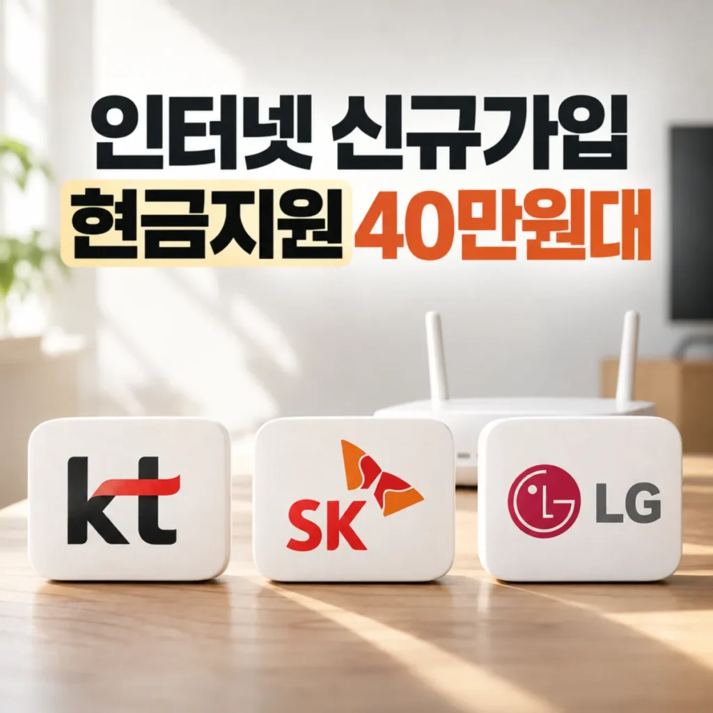 인터넷 신규가입 현금지원 40만원대 KT·SK·LG 통신 3사 비교, 와이파이 공유기와 통신사 로고가 배치된 인터넷 가입 사은품 안내 이미지