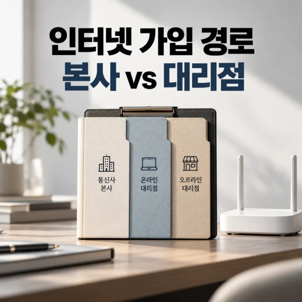 인터넷 가입 경로 비교를 위해 통신사 본사, 온라인 대리점, 오프라인 대리점으로 구분한 안내 파일과 와이파이 공유기가 놓인 책상