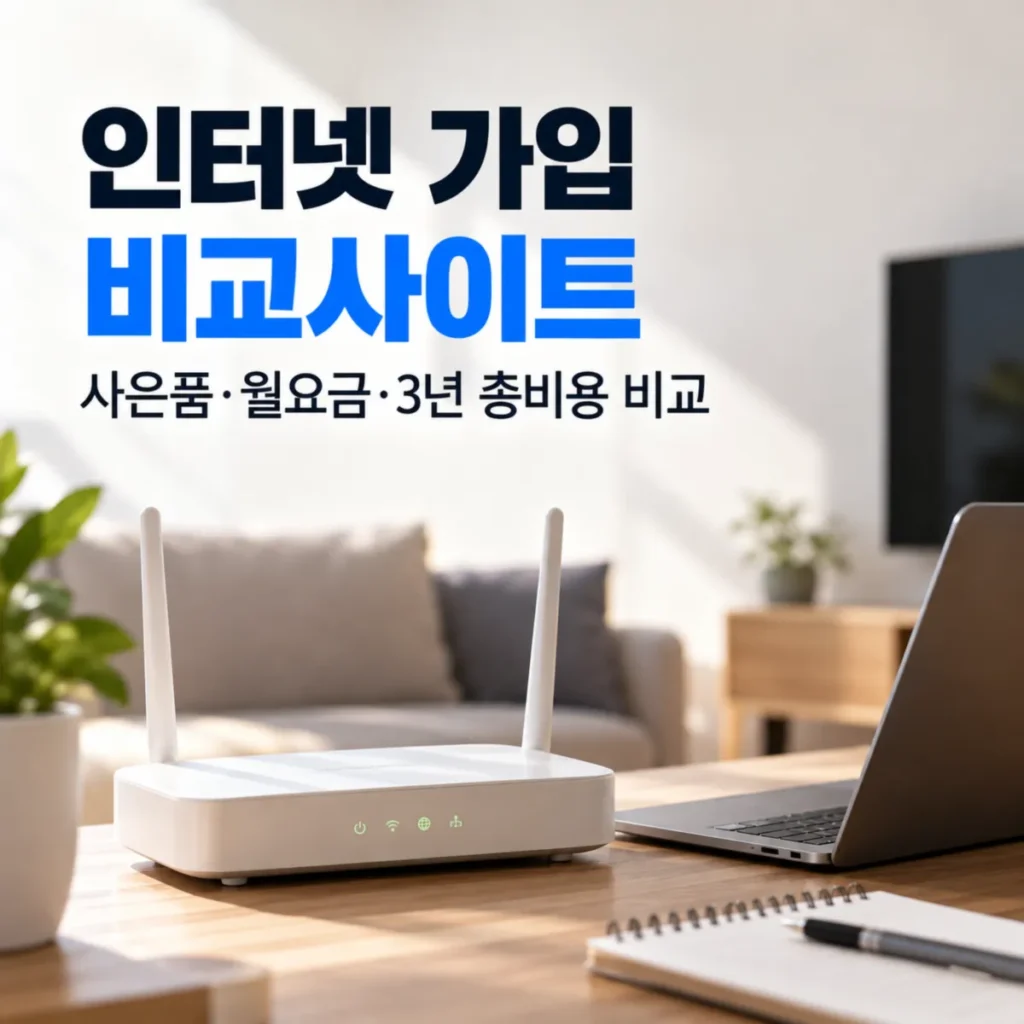 밝은 거실의 책상 위에 와이파이 공유기와 노트북이 놓여 있고, 인터넷 가입 비교사이트의 사은품·월요금·3년 총비용 비교 안내 문구가 표시된 이미지