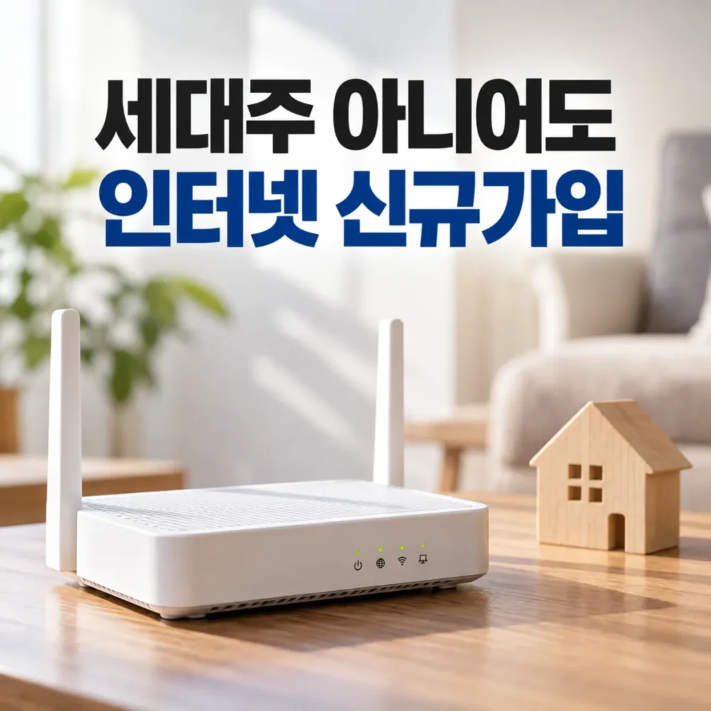 세대주가 아니어도 인터넷 신규가입이 가능하다는 안내 문구와 가정집 테이블 위 와이파이 공유기, 주택 모형을 담은 대표 이미지