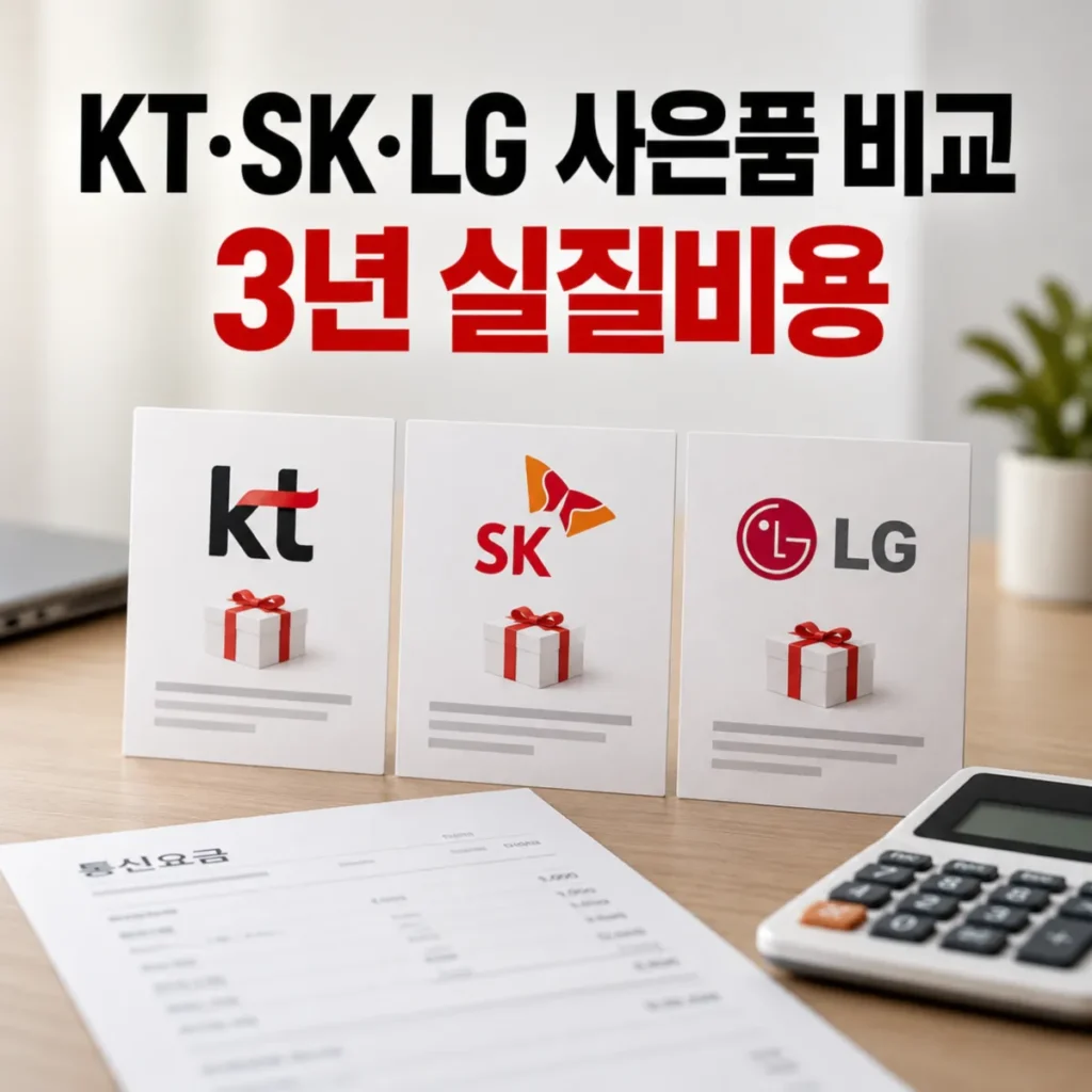 KT·SK·LG 인터넷 가입 사은품과 3년 실질비용 비교 이미지, 통신사별 사은품 안내 카드 3개와 요금 계산기, 통신요금 명세서를 배치한 모습