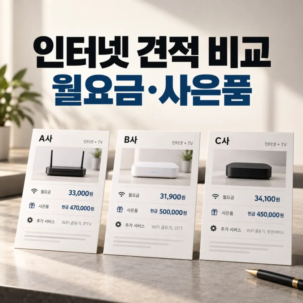 인터넷 가입 비교사이트 3곳의 견적을 비교한 이미지로, A사·B사·C사의 인터넷 월요금과 현금 사은품, 와이파이 공유기 및 부가서비스 조건을 나란히 보여주는 비교 견적서