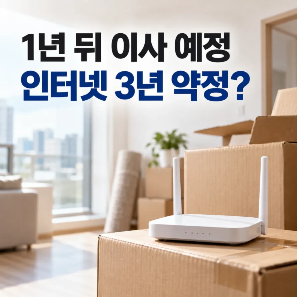 1년 뒤 이사를 앞둔 집의 이삿짐 상자 위에 놓인 와이파이 공유기와 인터넷 3년 약정 가입 및 이전설치 고민을 표현한 이미지