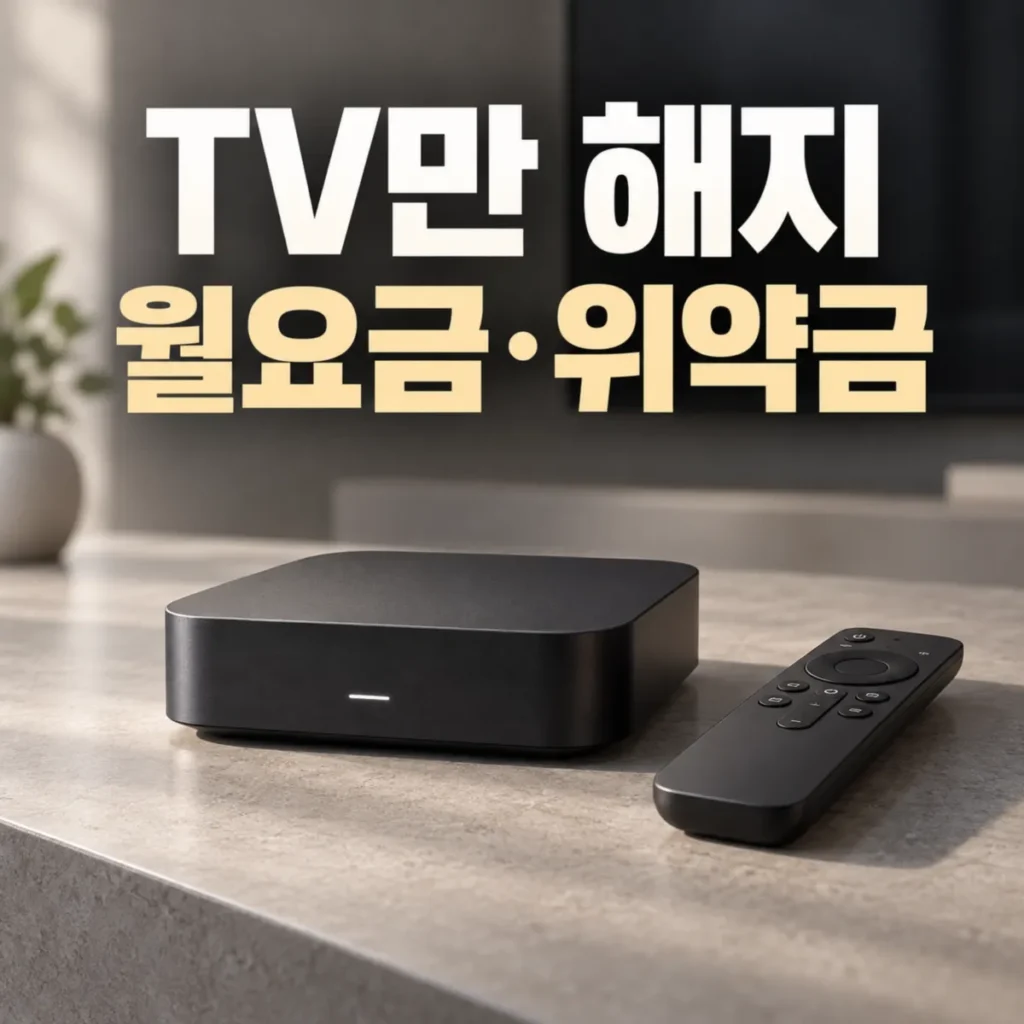 인터넷 TV만 해지할 때 월요금과 위약금을 안내하는 대표 이미지로, 검은색 IPTV 셋톱박스와 리모컨 위에 TV만 해지 월요금·위약금 문구가 표시된 모습