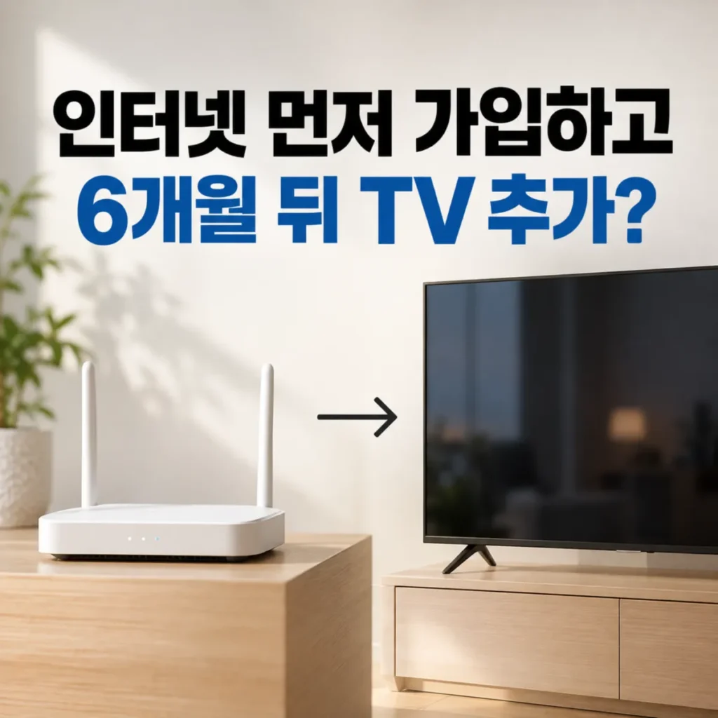 인터넷 가입 후 TV 추가 시 설치비와 사은품 차이를 안내하는 이미지로, 흰색 와이파이 공유기와 TV가 나란히 배치되고 6개월 뒤 TV 추가 문구가 표시된 모습