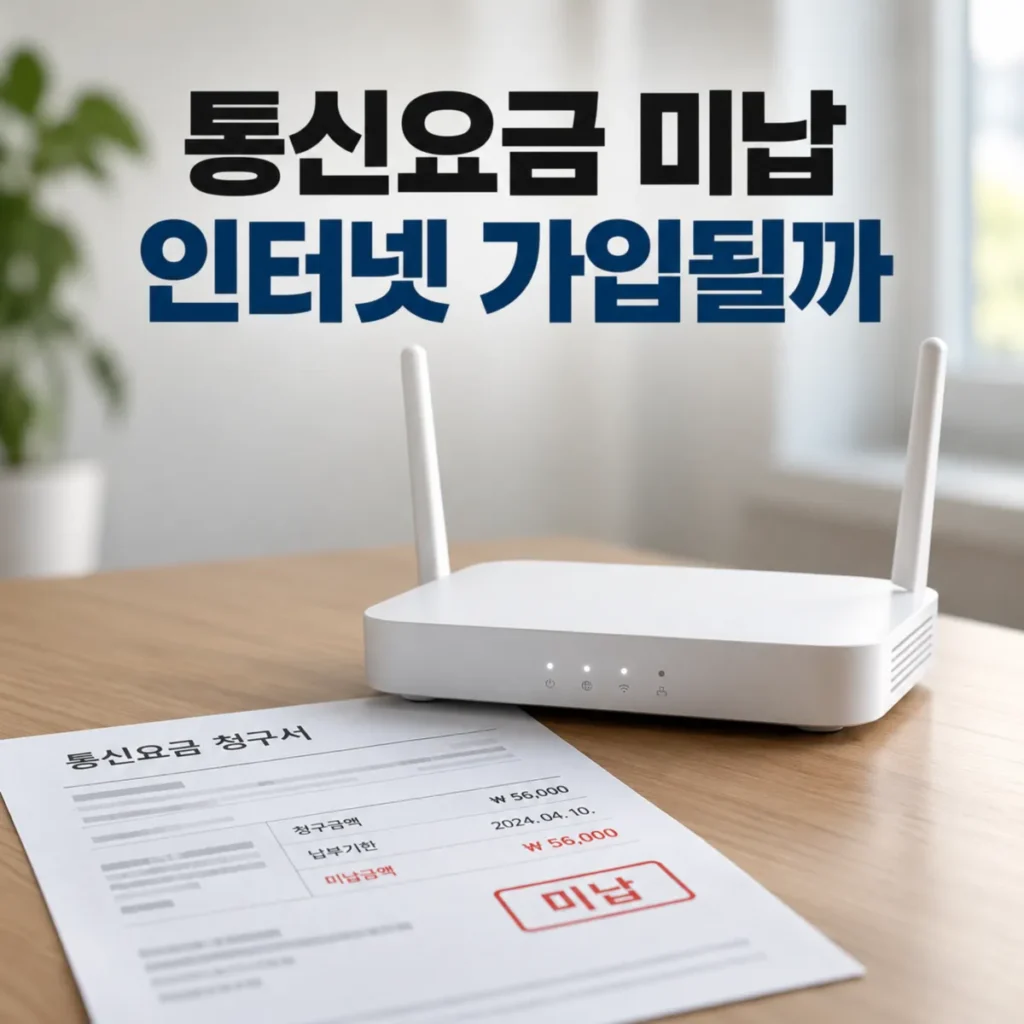 통신요금 미납으로 다른 통신사 인터넷 신규가입이 가능한지 안내하는 이미지로, 와이파이 공유기와 미납 표시가 된 통신요금 청구서가 놓인 모습