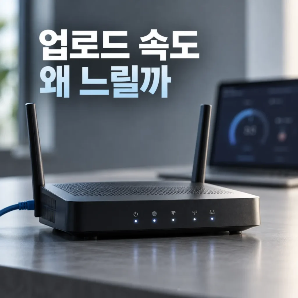 검은색 와이파이 공유기와 랜케이블, 인터넷 속도 측정 화면이 표시된 노트북을 배경으로 인터넷 업로드 속도가 다운로드보다 느린 이유를 표현한 이미지