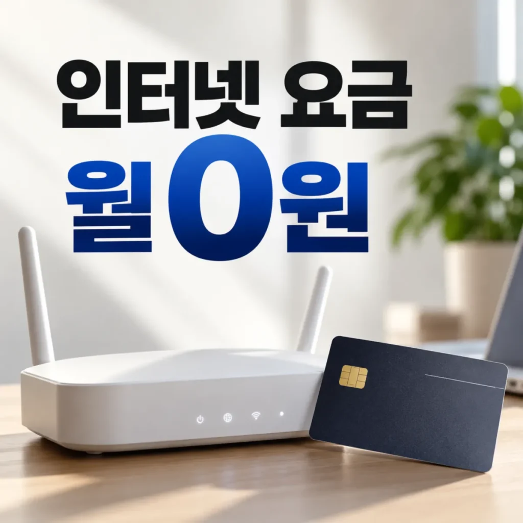 인터넷 요금 월 0원 광고와 제휴카드 결합할인 조건을 상징하는 와이파이 공유기와 신용카드