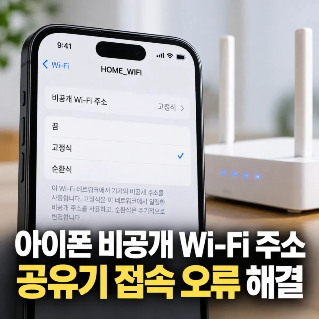 아이폰 Wi-Fi 설정에서 비공개 Wi-Fi 주소의 끔·고정식·순환식 옵션을 확인하는 화면과 무선 공유기, MAC 주소 변경으로 발생하는 공유기 접속 오류 해결 방법을 안내하는 이미지