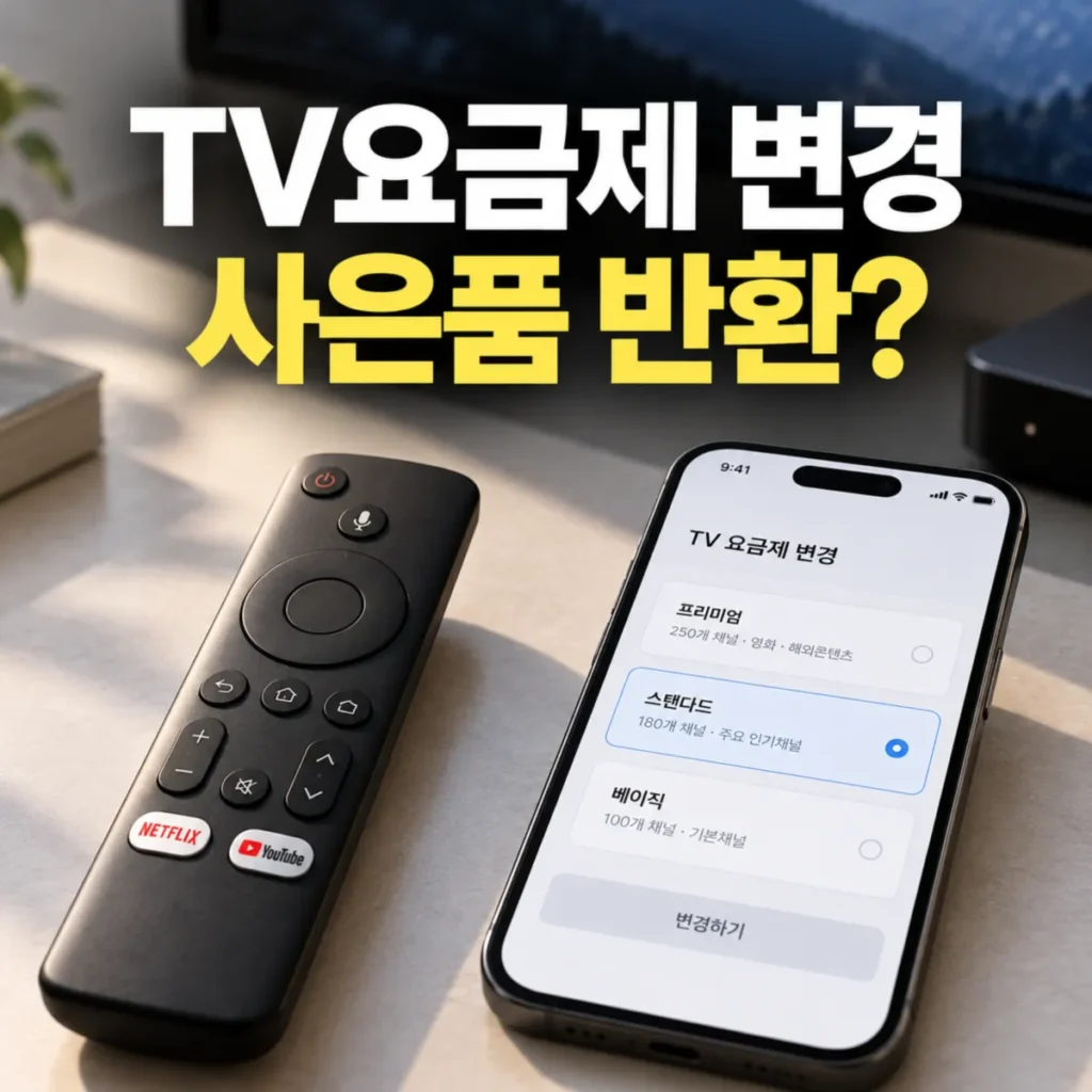 인터넷과 TV 가입 후 IPTV 요금제를 낮추면 사은품 반환이 발생하는지 안내하는 이미지로, TV 리모컨과 스마트폰 요금제 변경 화면에 프리미엄·스탠다드·베이직 상품이 표시된 모습