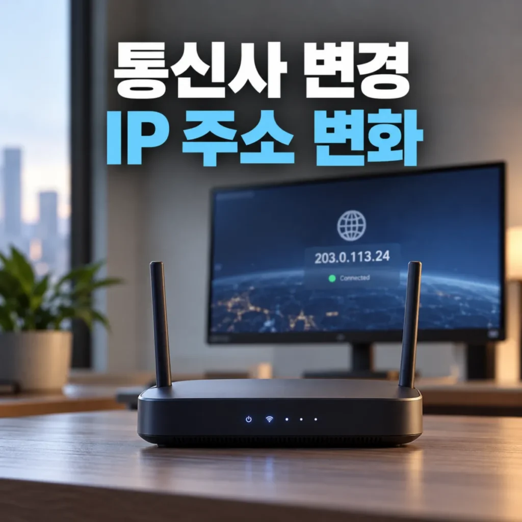 인터넷 통신사 변경 시 IP 주소 변화를 설명하는 이미지로, 책상 위 와이파이 공유기와 공인 IP 주소가 표시된 컴퓨터 모니터, 통신사 변경 IP 주소 변화 문구가 보이는 모습