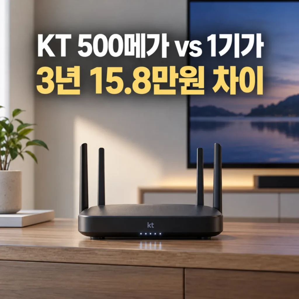 KT 인터넷 500메가와 1기가 TV 결합 요금 비교, 와이파이 공유기와 TV를 배경으로 3년 약정 시 총 15만 8천원 요금 차이를 보여주는 이미지