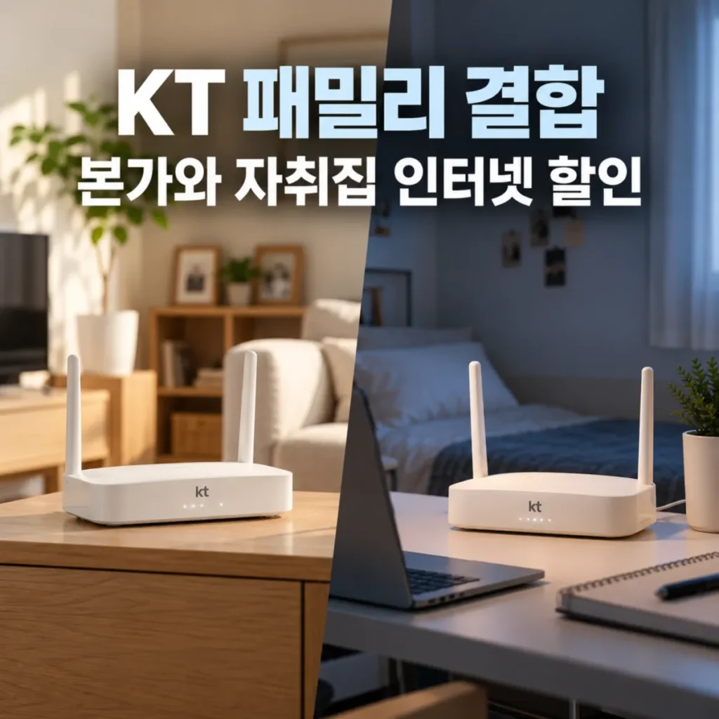 KT 패밀리 결합을 통한 본가와 자취집 인터넷 할인 안내 이미지, 부모님 집 거실과 자취방에 각각 설치된 KT 와이파이 공유기 2대를 비교한 모습