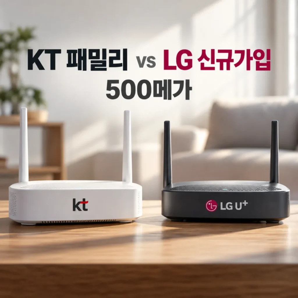 KT 패밀리 인터넷 500메가와 LG유플러스 신규가입 비교를 위해 거실 테이블 위에 나란히 놓인 KT와 LG U+ 와이파이 공유기 2대