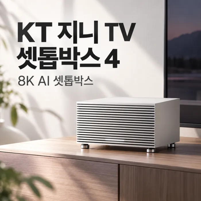 KT 지니 TV 셋톱박스 4 8K AI 셋톱박스가 거실 TV장 위에 설치된 모습