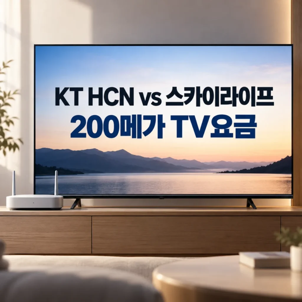 KT HCN과 KT스카이라이프 200메가 인터넷 TV 월요금 및 설치비 비교를 주제로, 거실의 대형 TV 화면에 두 통신사 비교 문구와 200메가 TV요금이 표시되고 왼쪽에 와이파이 공유기가 놓인 모습