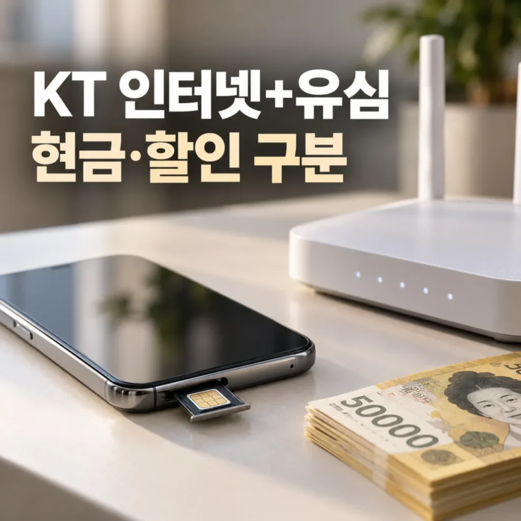 KT 인터넷 신규가입과 휴대폰 유심 번호이동 시 현금 사은품 및 결합할인 혜택을 상징하는 와이파이 공유기, 유심 트레이가 열린 스마트폰과 5만원권 지폐 묶음