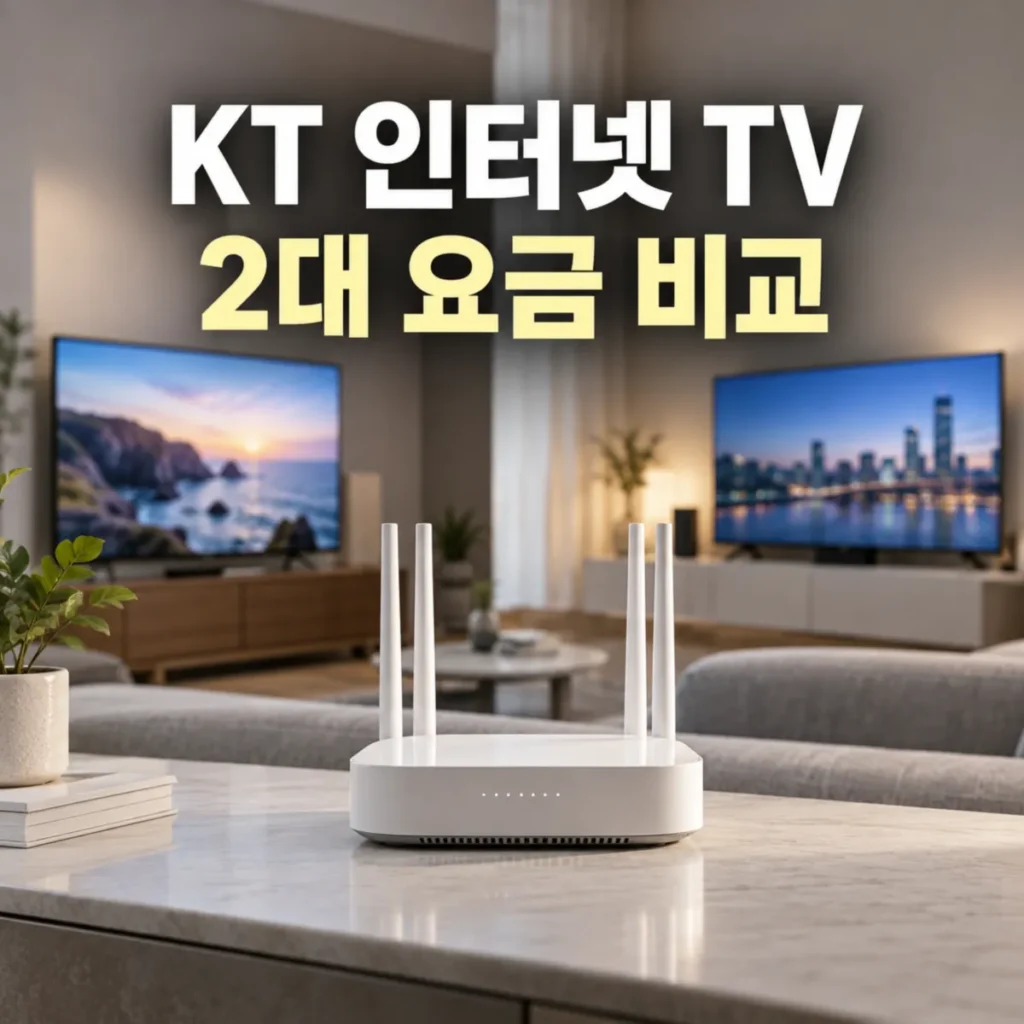 KT 인터넷 TV 2대 요금 비교를 위한 거실 설치 환경, TV 2대와 와이파이 공유기를 배치한 모습으로 100메가·500메가·1기가 인터넷 요금 비교 안내