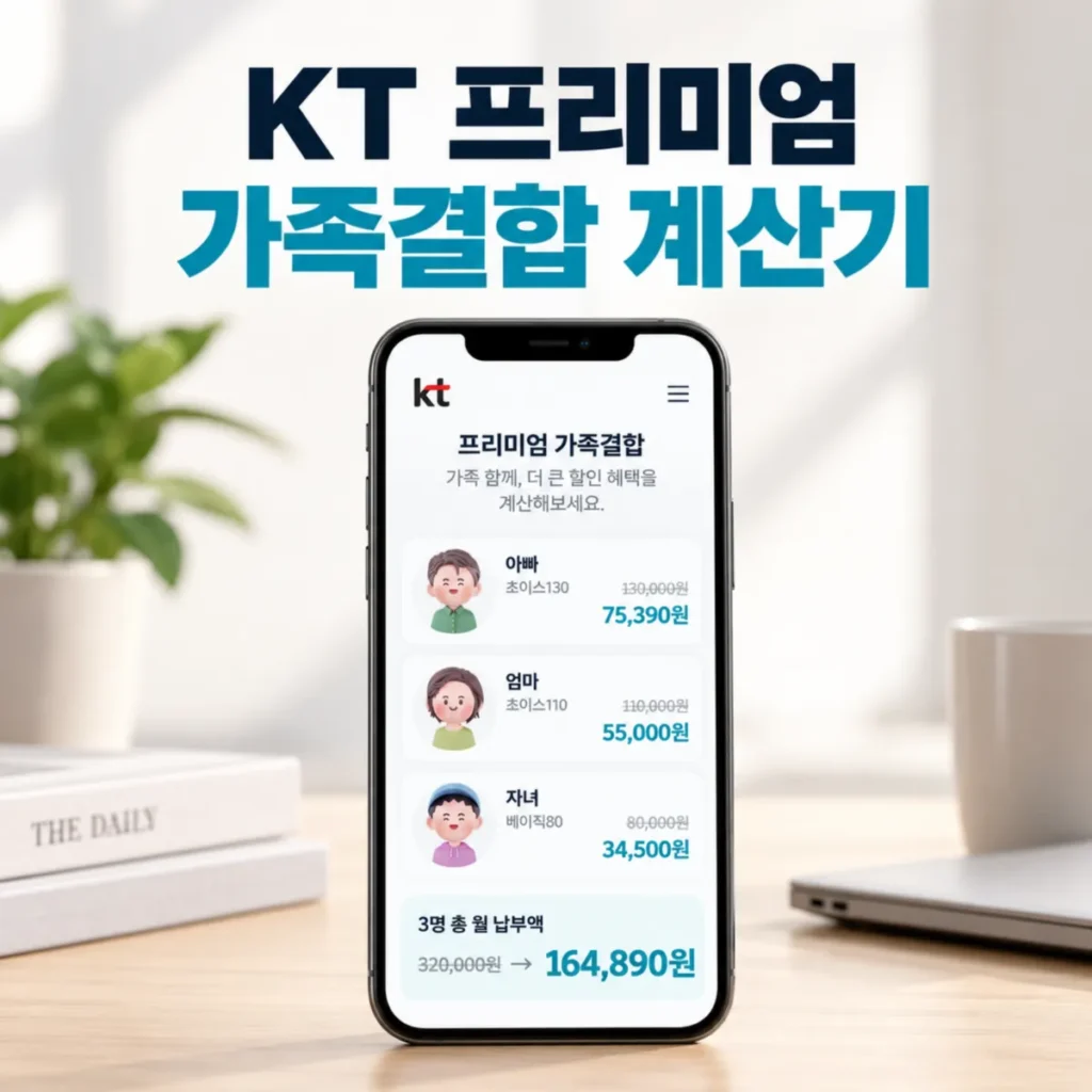 KT 프리미엄 가족결합 계산기 화면으로 초이스130·초이스110·베이직80 요금제의 선택약정 및 가족결합 할인 적용 후 3인 가족 월 통신요금 164,890원을 비교한 이미지