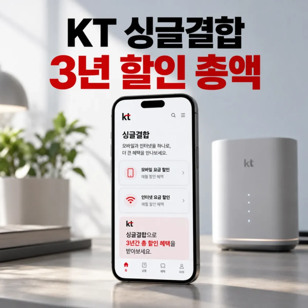 KT 프리미엄 싱글결합 500메가·1기가 인터넷과 휴대폰 1대 결합 시 3년 할인 총액을 안내하는 이미지로, KT 요금 할인 화면이 표시된 스마트폰과 와이파이 공유기