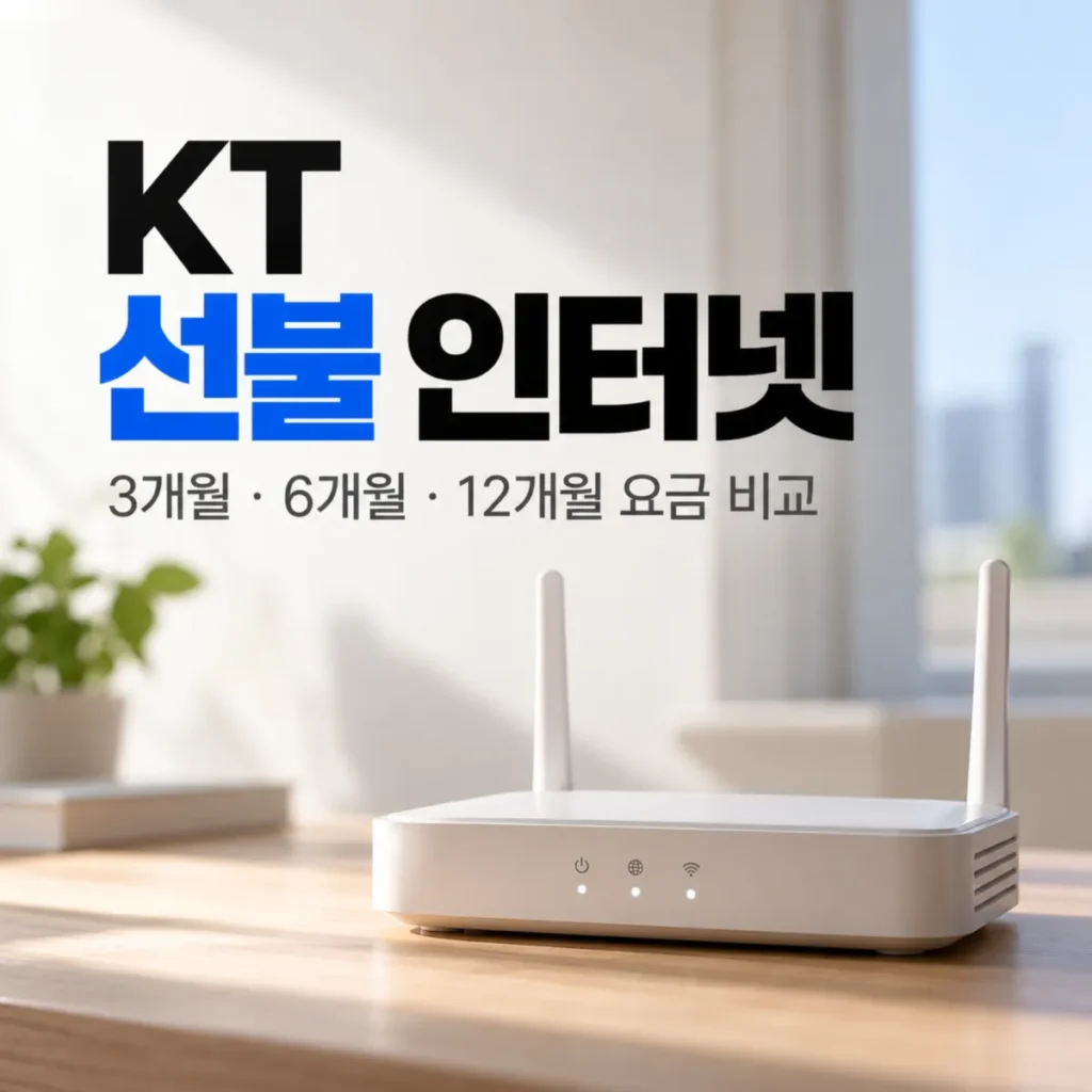 KT 선불 인터넷 3개월·6개월·12개월 요금 비교를 안내하는 이미지로, 밝은 실내 원목 책상 위 흰색 와이파이 공유기와 KT 선불 인터넷 제목이 표시된 모습